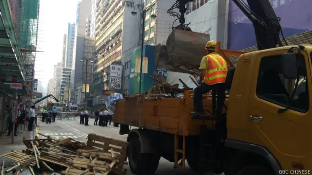 清洁工人在路面上工作