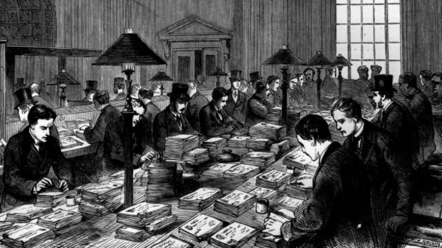 Ilustración de trabajadores de oficina a fines del siglo XIX
