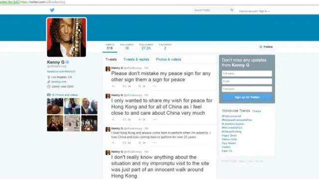 美国萨克斯演奏家肯尼·基(Kenny G)10月23日凌晨在推特连发八条推文,否认支持香港“占中”示威者。