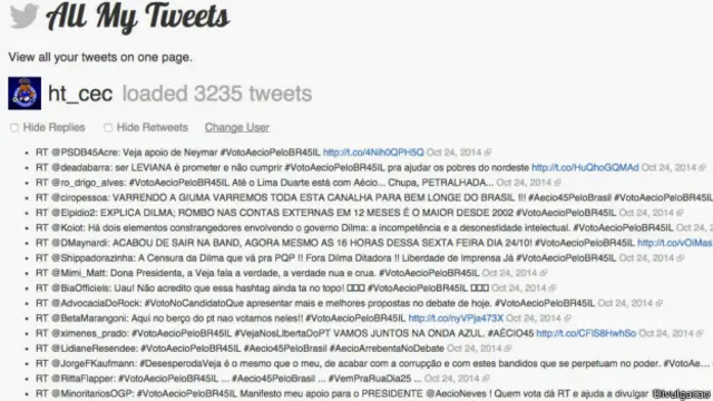 Tweets do perfil @ht_cec, ativo em prol de Aécio. Mostra a pesquisa que fizemos com o All My Tweets