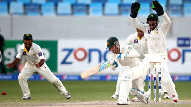 پہلی اننگز میں سنچری بنانے والے ڈیوڈ وارنر انتیس رنز بناکر سرفراز احمد کے ہاتھوں اسٹمپڈ ہوئے۔ ڈولن بغیر کوئی رن بنائے ایل بی ڈبلیو ہوئے۔