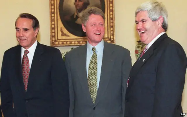 پرزیدنت کلینتون وسط رهبران حزب جمهوریخواه، باب دول و نیوت گینگریچ. سال ۱۹۹۴