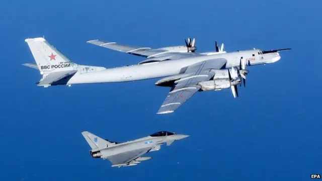  En esta imagen del 16 de septiembre se ve a un Typhoon británico interceptando un bombardero Tu-95 Bear sobre los cielos del norte del Reino Unido. 