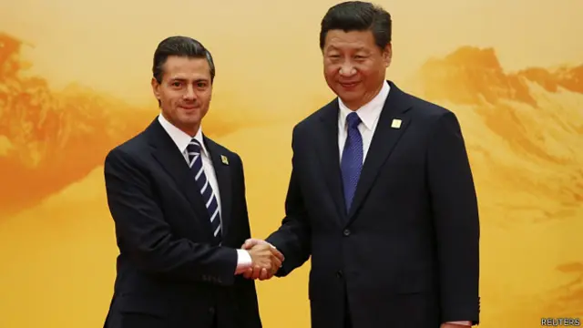 墨西哥总统培尼亚（左）在北京与中国国家主席习近平握手（11/11/2014）