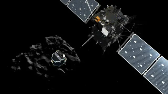 稍早，欧洲航天局的菲莱（Philae）彗星探测器从母船罗塞塔号（Rosetta）脱离，准备实现人造飞行器首次登陆彗星的任务。