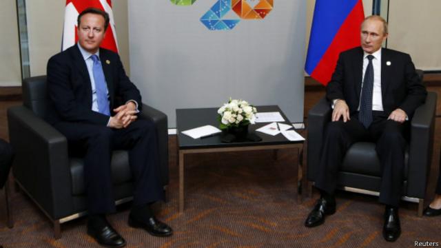 Лидеры Британии и России Дэвид Кэмерон и Владимир Путин на саммите "Большой двадцатки"