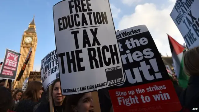 大学生游行队伍穿过市中心闹市区。