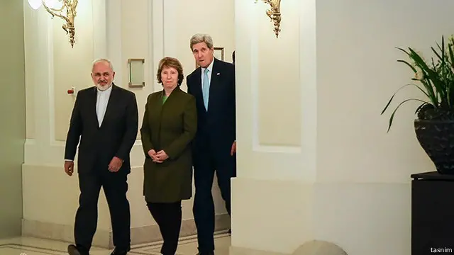 جان کری، کاترین اشتون و محمد جواد ظریف در اولین دور مذاکرات سه جانبه در وین