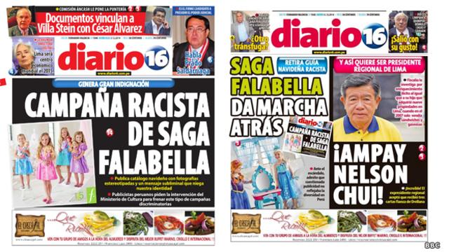 Periódicos peruanos dan cuenta de la polémica y la decisión de Saga Falabella de retirar la publicidad.