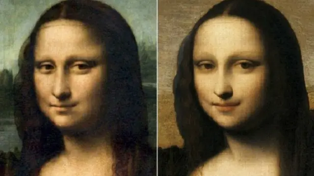 لوحة الموناليزا الأقدم (يمين الصورة) قيل أنها رسمت قبل عشر سنوات من اللوحة الأخرى الأكثر شهرة