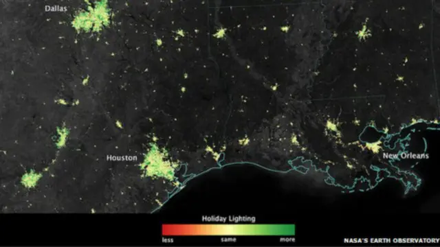 Warna hijau gelap menandakan cahaya di peta bertambah terang 50%, kuning tidak berubah, dan merah menurun.