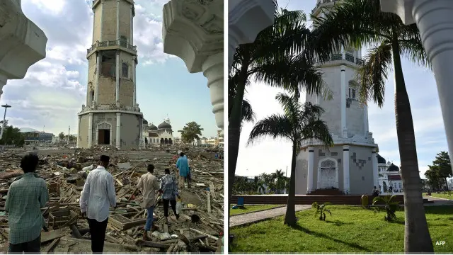 Perbaikan yang berlangsung cepat di masjid Baiturrahman, salah-satu pusat spiritual warga Aceh, setelah tsunami 2004. 
