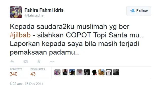 Fahira mengatakan jika ada muslim yang dipaksa untuk memakai topi santa, jangan ragu untuk mencopotnya. 
