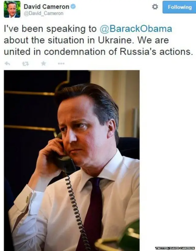 اس ٹویٹ میں وزیراعظم ڈیوڈ کیمرون نے صدر اوباما سے گفتگو کے بارے میں لکھا جس میں یوکراین کا تنازع زیربحث آیا