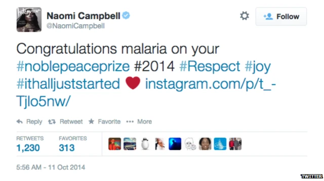 مشہور ماڈل نیومی کیمبل نے ملالہ کو مبارکباد دیتے ہوئے غلطی سے ملیریا لکھ ڈالا۔