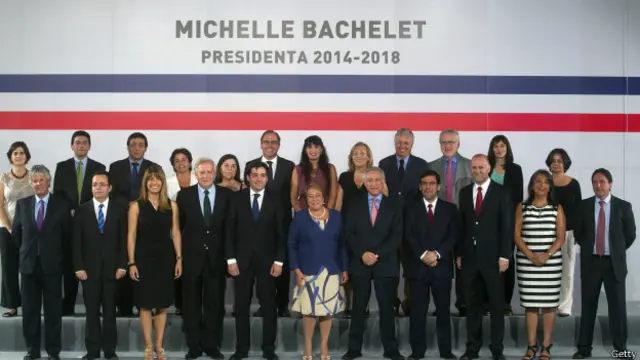 El gabinete de Michelle Bachelet. La ministra detrás de la presidenta, a la derecha