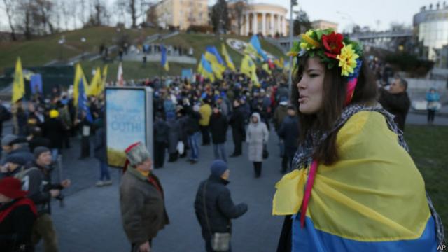 Празднование первой годовщины Евромайдана в центре Киева. 21 ноября 2014 года.