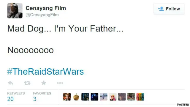 Dialog terkenal dari Star Wars dihubungkan dengan karakter The Raid, Mad Dog. 