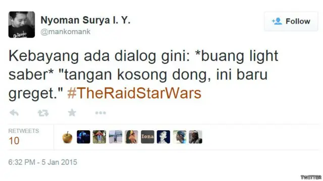 Dialog dalam film The Raid disambung-sambungkan dengan film Star Wars.