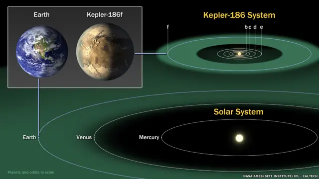 El diagrama compara los planetas de nuestro al del Kepler 186f, un sistema de cinco cuerpos celestes a 500 años luz de la Tierra, en la constelación de Cygnus. NASA Ames/SETI Institute/JPL-Caltech.