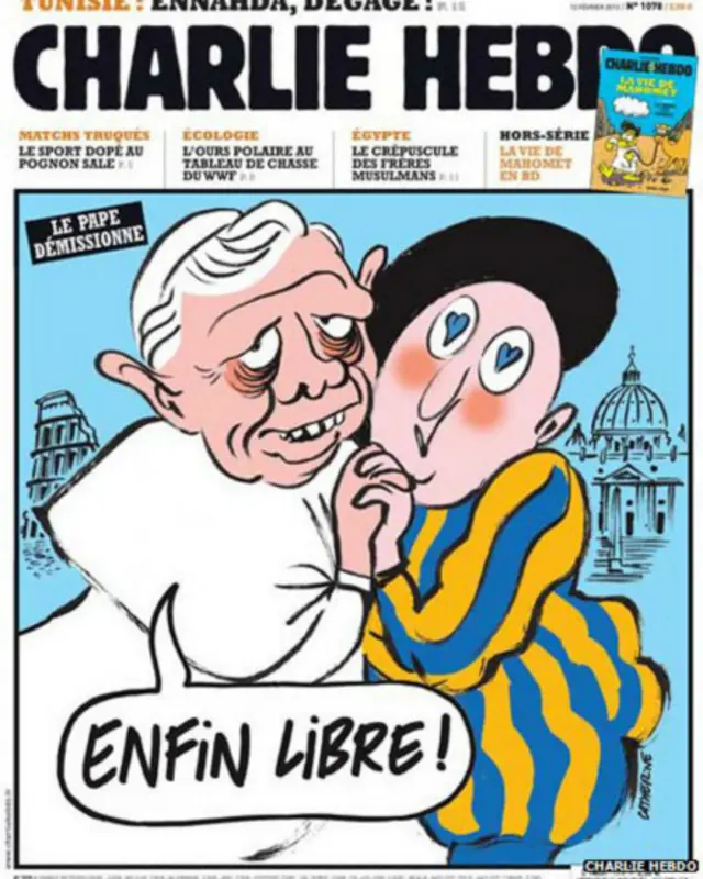 Edisi 13 Februari 2013: Paus Benediktus setelah lengser mencium seorang penjaga Vatikan yang sedang berkata “Akhirnya bebas!”