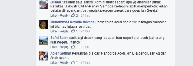 Komentar di Facebook tentang dosen di Aceh, Rosnida Sari