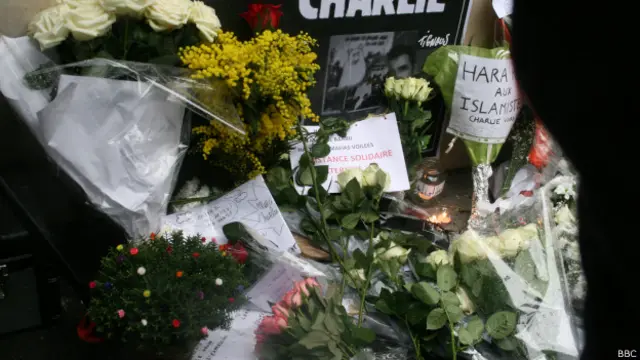 Цветы у здания Charlie Hebdo