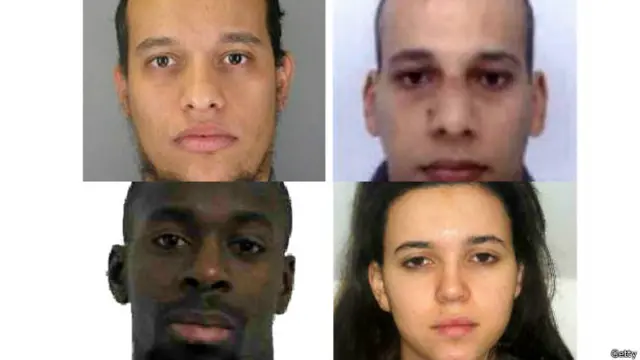 Зараз поліція шукає Хаят Бумедьєн (знизу справа). Решту нападників - братів Куаші (зверху) та Амеда Кулібалі (знизу) у п'ятницю було вбито