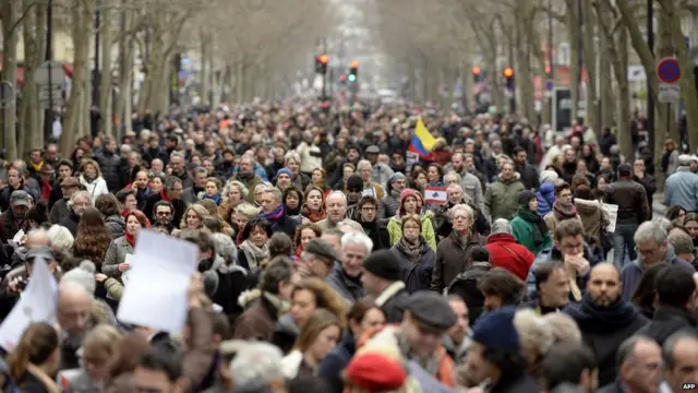 پیرس کی اس بڑی ریلی کے علاوہ فرانس کے دیگر شہروں میں بھی میگزین کے ہلاک ہونے والے عملے کے ساتھ یکجہتی کے لیے جلوس نکالے جا رہے ہیں جن میں ہر عمر کے لوگ حصہ لے رہے ہیں۔