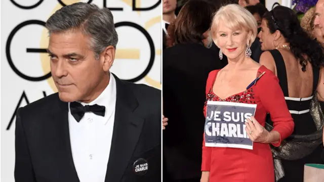 好莱坞影星乔治·克鲁尼（George Clooney）身上佩戴了“我是查理”的纪念章，英国著名女演员海伦·米伦（Helen Mirren）则在晚礼服上别了一支钢笔。