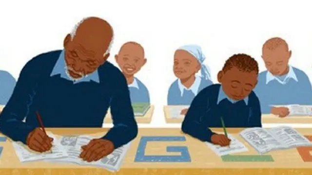 Igicapo ca Maruge kumwe n'abana bigana, cashizwe ku rupapuro rw'itanguriro rwa Google