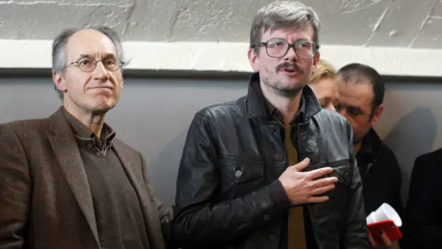 Awak redaksi Charlie Hebdo menggelar konferensi pers terkait dengan karikatur Nabi Muhammad pada sampul edisi terkini.