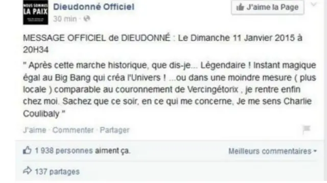 Con el mesaje Dieudonné hacía referencia simultaneamente a la publicación que sufrió el ataque y a Amedy Coulibaly.