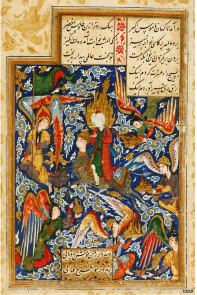 تصویری از یک مینیاتور ایرانی متعلق به قرن شانزدهم میلادی درباره معراج پیامبر اسلام