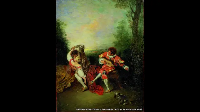 Жан-Антуан Ватто, "Сюрприз: Обнимающаяся пара и насстраивающая гитару фигура, одетая меццетеном", 1718-19 "