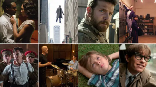 غاب فيلم Selma (أعلى اليسار) عن بعض الفئات، لكنه ينافس سبعة أعمال أخرى في فئة أفضل فيلم