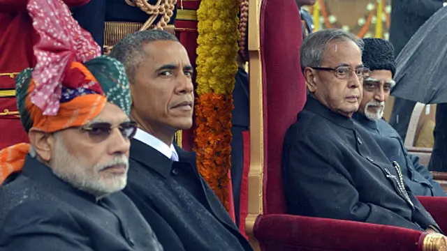 بھارتی نائب صدر حامد انصاری، صدر پرنب مکھرجی، امریکی صدر براک اوباما اور بھارتی وزیر اعظم نریندر مودی یوم جمہوریہ کی تقریب کے دوران 