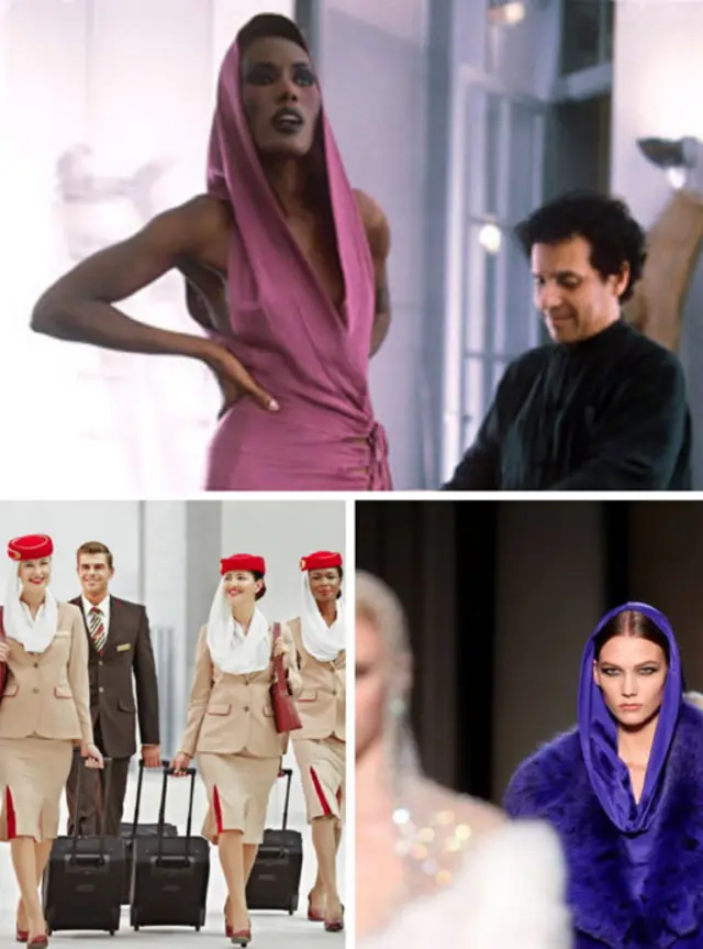 阿联酋航空的“最靓丽航空制服”（左下）、经典琼斯式阿拉伯风造型、以及去年范思哲春季的设计（右下）异曲同工