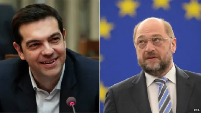 قال مارتن شولتز رئيس البرلمان الأوروبي (يمين) إنه سيطلب من رئيس الوزراء اليوناني تسيبراس (يسار) الحد من التهرب من الضرائب.