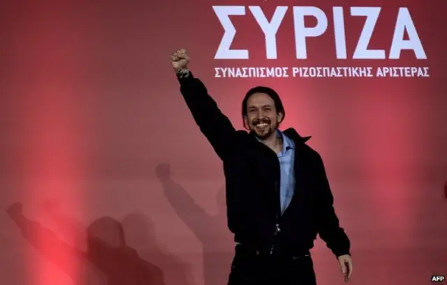 西班牙“我们能”政党的领导人伊格莱西亚斯(Pablo Iglesias)在希腊大选前