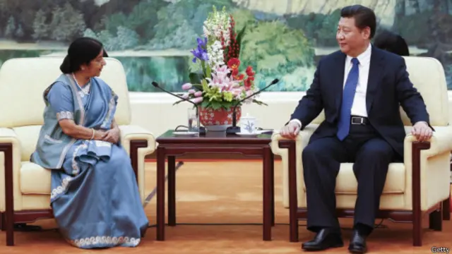 习近平在人民大会堂接见了印度外长斯瓦拉吉。