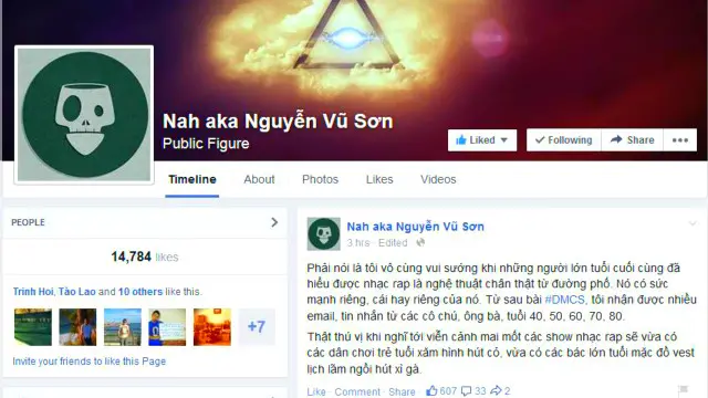 Trang Facebook của Nah Nguyễn Vũ Sơn được hơn 14.000 likes