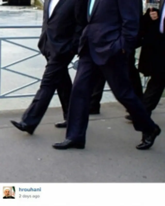 حساب کاربری منسوب به آقای روحانی در اینستاگرام بعد از سایت رهبر ایران، عکس مشابهی با این سایت از قدم زنی وزرای خارجه ایران و آمریکا منتشر و از دیپلمات های ایرانی دفاع کرد