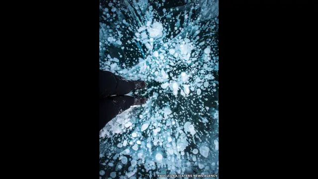 Burbujas de gas metano bajo la superficie helada de un lago. Fotografía: Paul Zizka. 