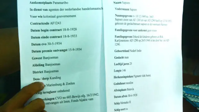 Dokumen tentang warga Kanding, Sapoen, yang bermigrasi ke Suriname