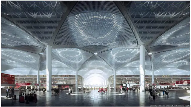 Sân Bay Mới Istanbul, Thổ Nhĩ Kỳ (khánh thành 2019). 
Hãng Grimshaw cũng có một nhóm thiết kế một sân bay mới với 6 đường băng ở Istanbul nhằm phục vụ 90 triệu hành khách một năm sau khi đưa vào sử dụng năm 2019 để rồi nâng khả năng phục vụ lên tới 150 triệu sau khi hoàn tất. Với đặc điểm mái che hình vòm, Nhà ga Số 1 của sân bay sẽ chiếm diện tích gần 100 ha; các kiến trúc sư nói rằng sau khi hoàn thành nó sẽ trở thành “nhà ga lớn nhất thế giới dưới một mái che”.
“Chúng tôi lấy cảm hứng từ việc sử dụng mầu sắc và hoa văn ở địa phương, chất lượng ánh sáng và cách mà ánh sáng rọi vào tòa nhà, cũng như từ kiến trúc truyền thống như ở nhà thờ hồi giáo Süleymaniye ,” ông Tomas Stokke xác nhận, ông là Giám Đốc Cty Haptic, coonh ty có hợp tác với Grimshaw and Nordic Office of Architecture để làm dự án.