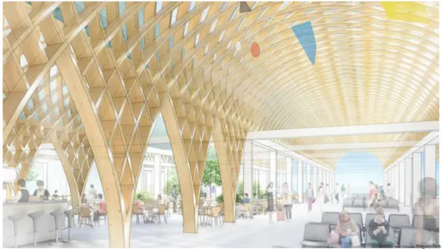 Sân bay Núi Phú Sĩ Shizuoka, Nhật Bản. Kiến trúc sư Shigeru Ban, được giải thưởng Pritzker, đang thiết kế nhà ga cho sân bay ở chân núi Phú Sĩ. Lấy cảm hứng từ các đồn điền chè bao quanh núi, các kế hoạch của ông có bao gồm các vòm hình thùng màu xanh lam. Ở phía bên trong, ánh sáng tự nhiên được khuếch tán qua một vòm nóc làm bằng các phiến gỗ mỏng đan chéo; việc đan mắt cáo là dấu ấn của kiến trúc Nhật Bản.