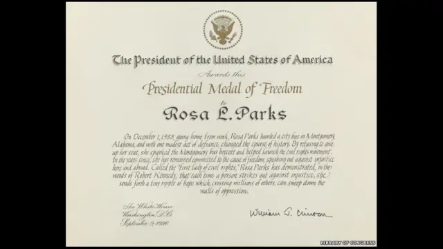 Certificada presidencial de la Medalla de la Libertad, 1996. Rosa Parks Papers, Librería del Congreso, Washington DC.
