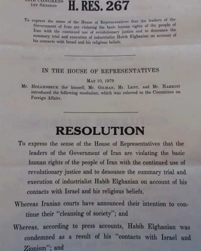  پیش‌نویس اولین قطعنامه حقوق بشری علیه ایران در کنگره - این سند یک روز پس از اعدام حبیب‌الله القانیان در مجلس نمایندگان آمریکا تدوین شد. پیش‌نویس قطعنامه سنا اما زودتر به رأی گذاشته شد