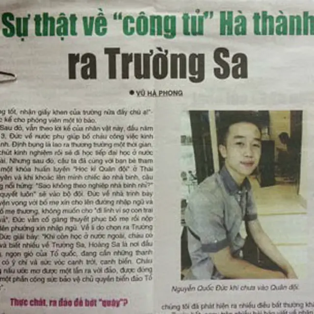 Trang báo nói về binh nhì 'Nguyễn Quốc Đức' ở Trường Sa